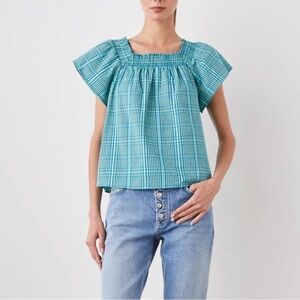 Rails Sonora teal mini check seersucker plaid top Small flutter sleeve Summer